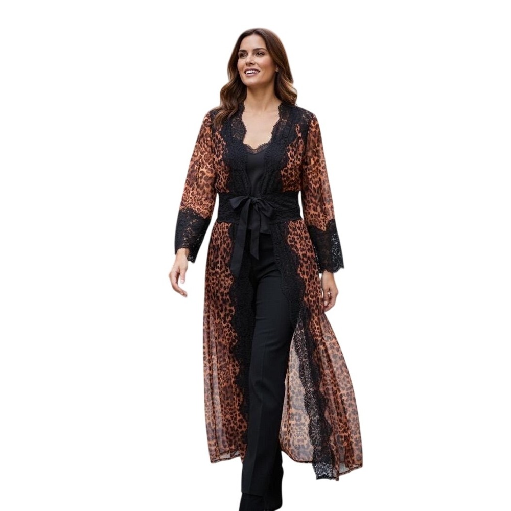 We Are HAH Leopard Print Lace Trim‎ Maxi Kimono Robe NWT